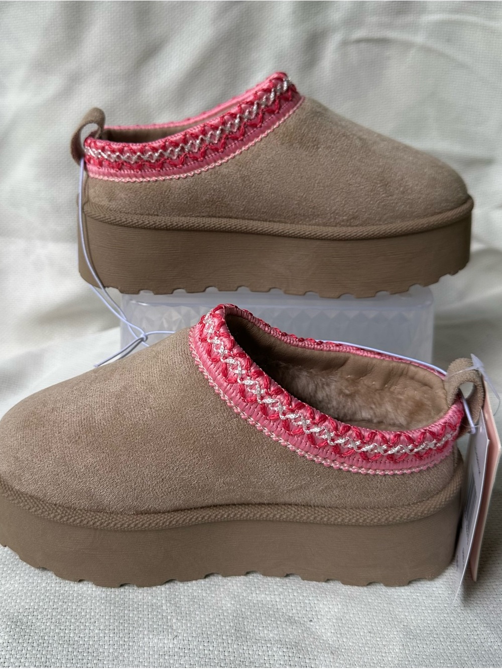 Kids Brown Suede Platform Slippers with Pink Trim